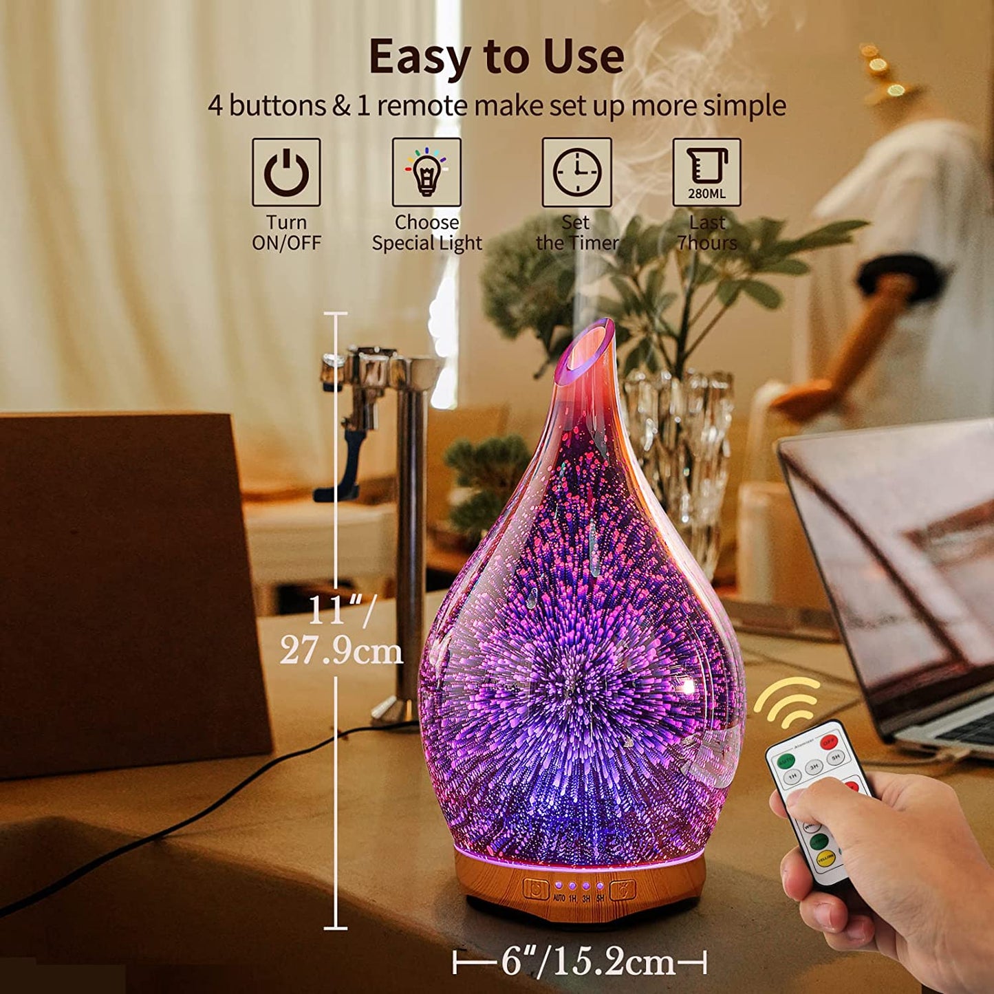 280ML Essential Oil Diffuser, Aroma Ultrasonic Humidifier with Remote Control, BPA Free, Auto Shut-Off, Timer Setting