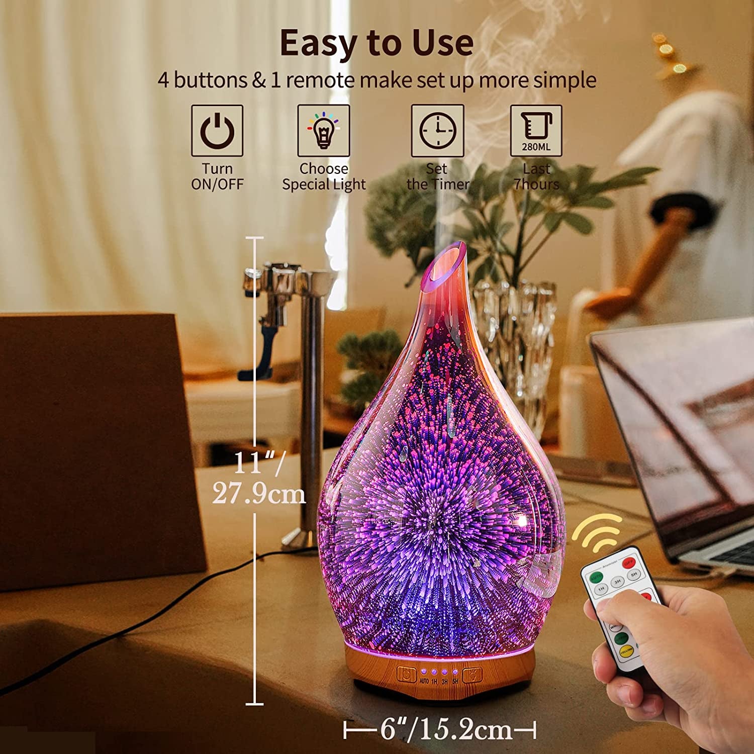 280ML Essential Oil Diffuser, Aroma Ultrasonic Humidifier with Remote Control, BPA Free, Auto Shut-Off, Timer Setting
