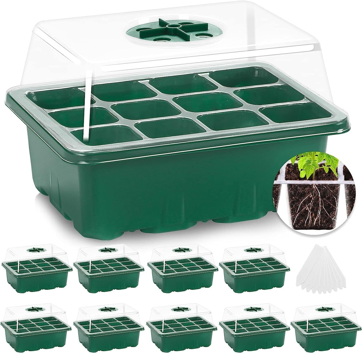 10 Packs Seed Starter with Humidity Dome (120 Cells Total Tray) Growing Starting Seed Starting Trays Plant Starter and Base Mini Greenhouse Germination Kit