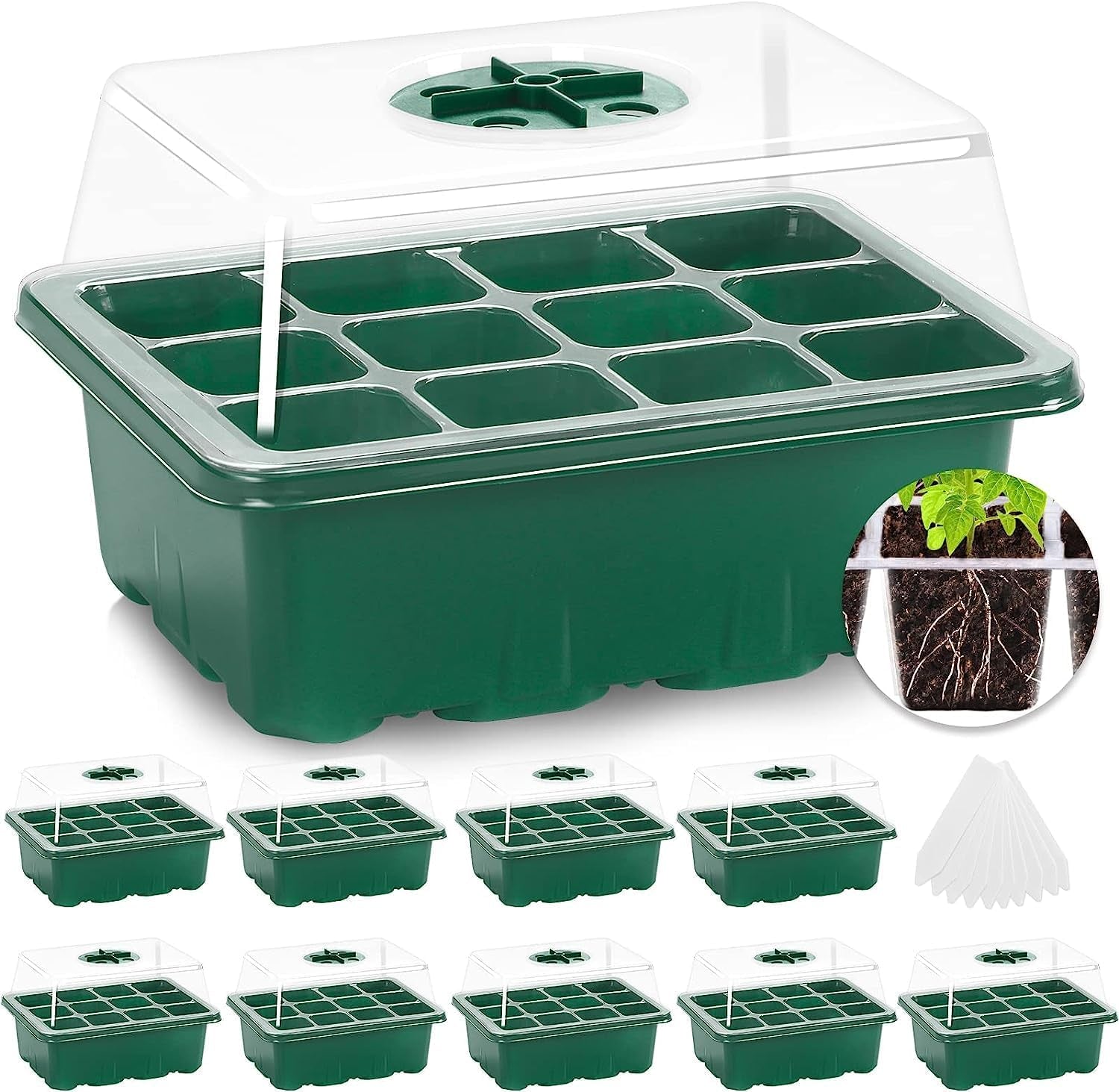 10 Packs Seed Starter with Humidity Dome (120 Cells Total Tray) Growing Starting Seed Starting Trays Plant Starter and Base Mini Greenhouse Germination Kit