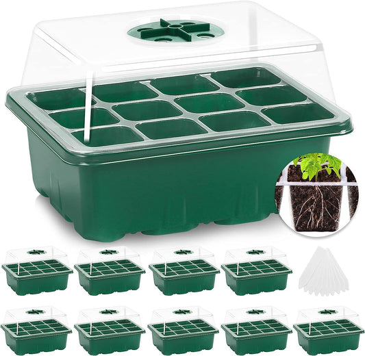 10 Packs Seed Starter with Humidity Dome (120 Cells Total Tray) Growing Starting Seed Starting Trays Plant Starter and Base Mini Greenhouse Germination Kit