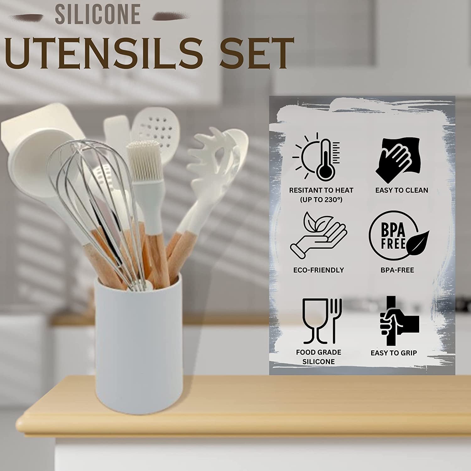 Silicone Cooking Utensils, Kitchen Utensils, Cooking Utensils Set - Silicone Spatula, Tongs, Ladle, Serving Spoons-Non-Stick, BPA Free Kitchen Utensils Set with Holder (Design 02)